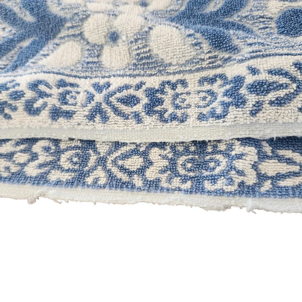 Vintage Stevens Utica Bath Towel Blue White Floral Sculpted Cotton USA 60s